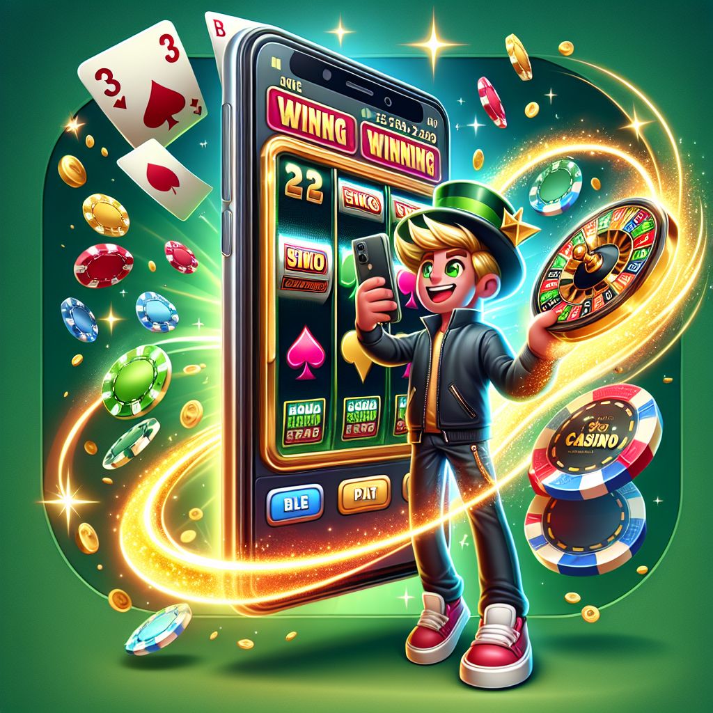 CV11 Casino cartoon characters with chips, cards, and a mobile gaming scene